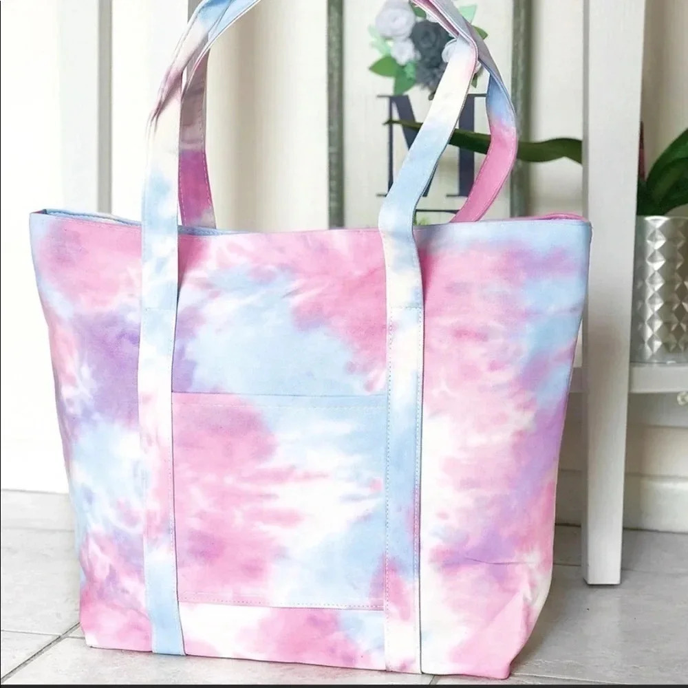 Pastel Tie Dye Tote Bag | Large Canvas Beach Travel Shoulder Bag - Picture 2 of 4